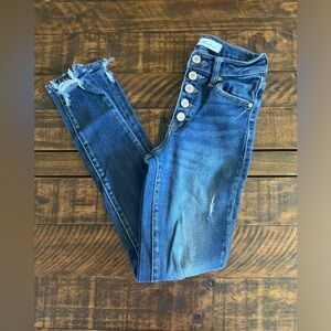 Kancan Skinny Ankle Jean Sz 0 23 Dark Wash Distressed Denim Button Fly High Rise